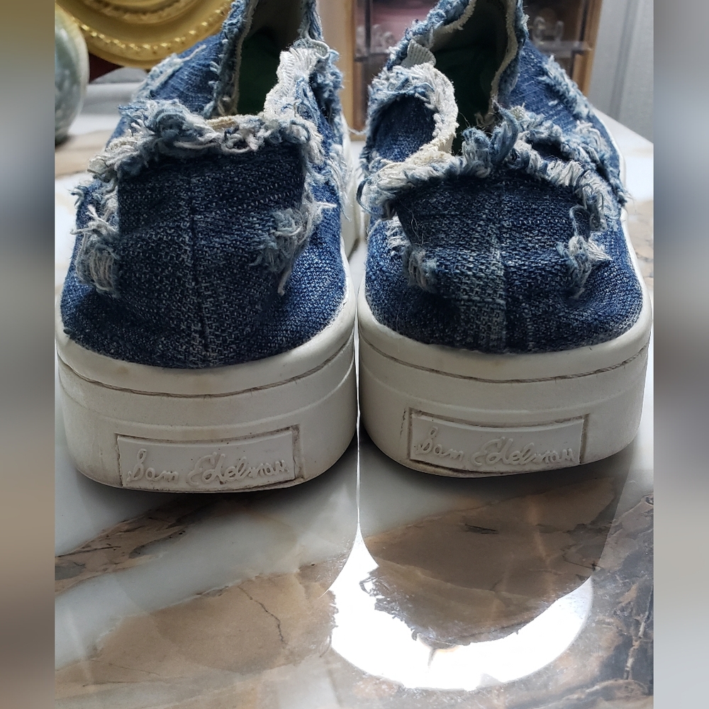 Sam Edelman Lacey Blue Denim Jeans Distressed Slip On Platform Shoes Size 6m - Picture 7 of 10